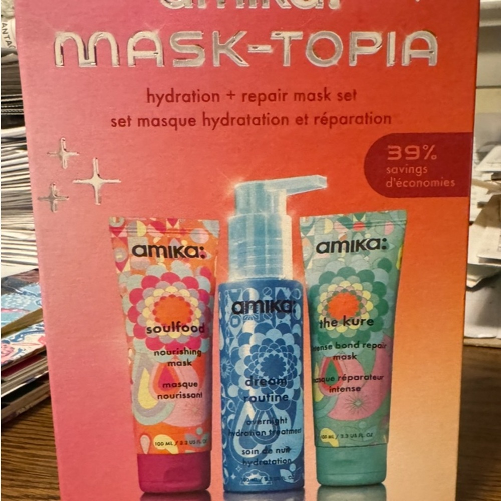 BNIB Amika Mask-Topia Hair Treatment Set - Pink, Blue, Green